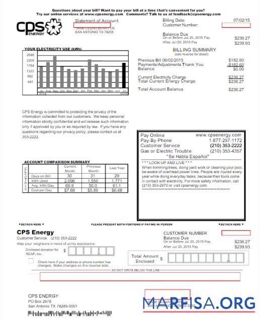 Printable USA CPS ENERGY utility bill Word and PDF template